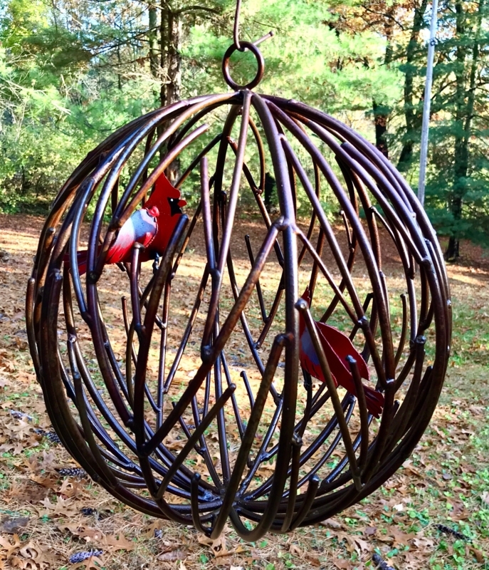 Handmade Metal Garden Sphere with Cardinal Birds