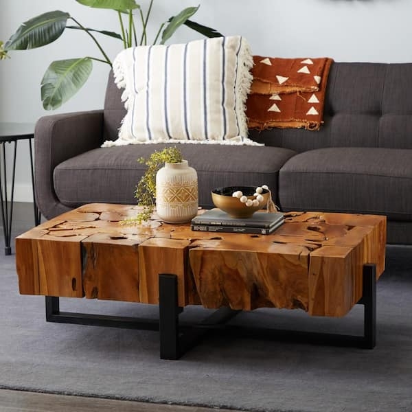 Handmade Teak Wood Live Edge Coffee Table with Metal Base