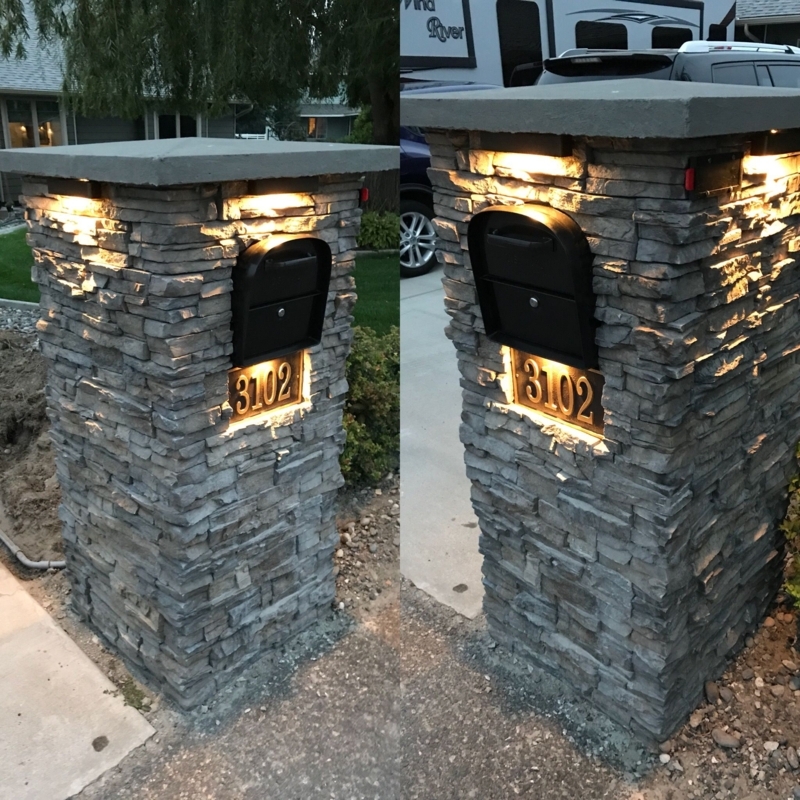 Illuminated Stone Mailbox Column with Address Plate