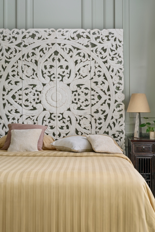 Intricately Carved White Balinese King Size Headboard