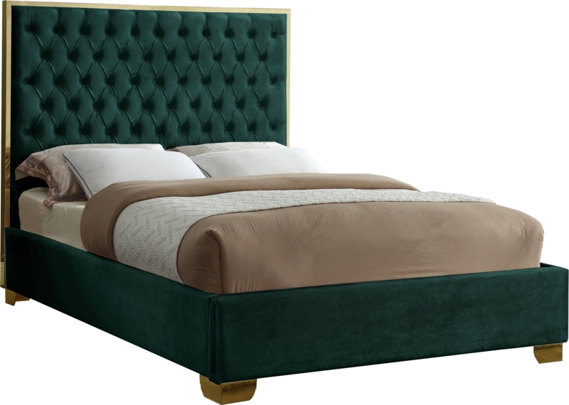 Lana Green Velvet Queen Bed with Gold Finish