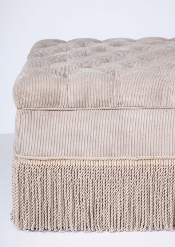 Large Beige Corduroy Tufted Storage Ottoman with Fringe