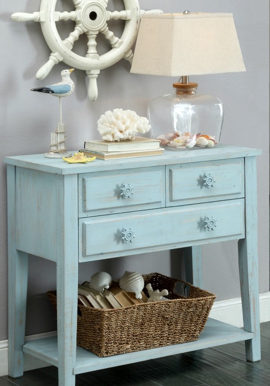 Light Blue Coastal Console Table with Nautical Decor