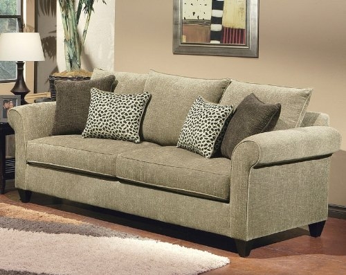 Light Taupe Sofa with Mixed Pattern Throw Pillows