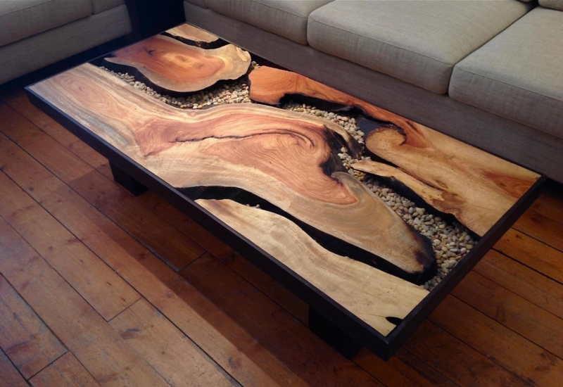 Live Edge Wood and Pebble Inlay Coffee Table