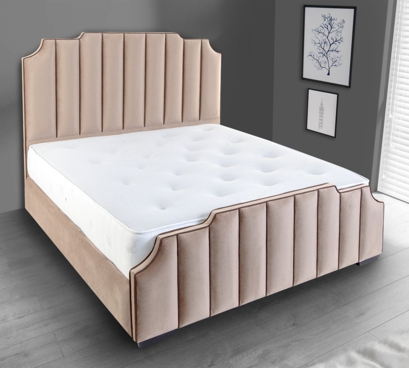 Lusso Art Deco Upholstered Beige Bed Frame