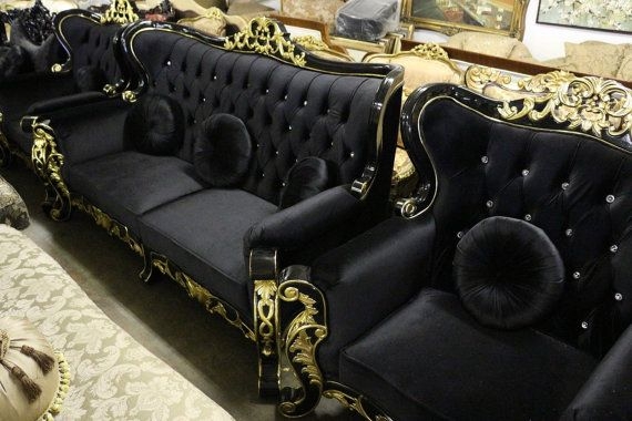 Luxurious Baroque Black Velvet Sofa with Gold Accents
