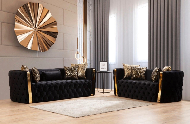 Luxurious Black and Gold Velvet Sofa Set Design