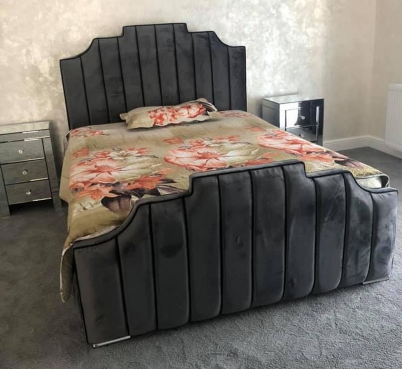 Luxurious Black Velvet Art Deco Bed Frame