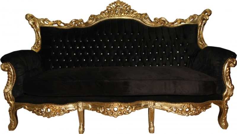 Luxurious Black Velvet Sofa with Ornate Gold Frame