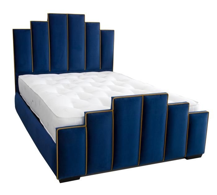 Luxurious Blue Art Deco Upholstered Bed Frame