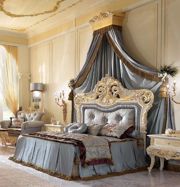 Luxurious Carved Wood Bed with Upholstered Headboard