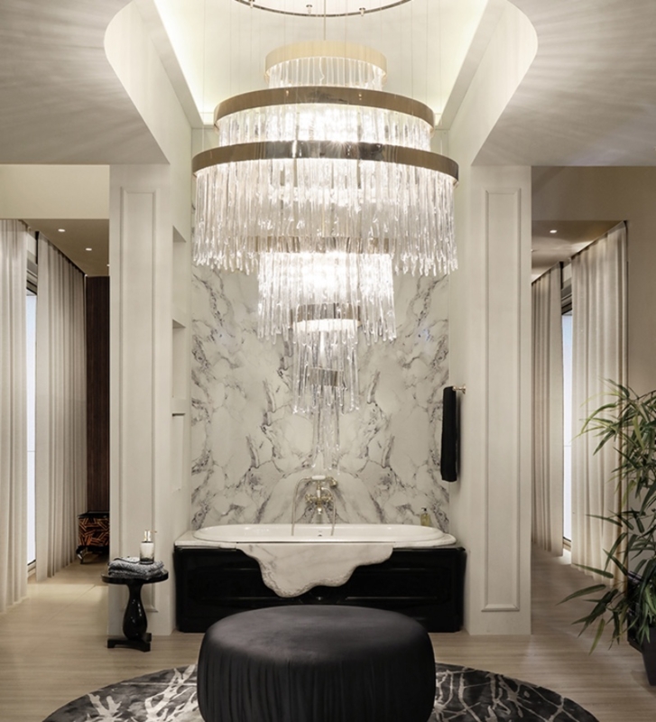 Luxurious Crystal Chandeliers Illuminating Marble Bath