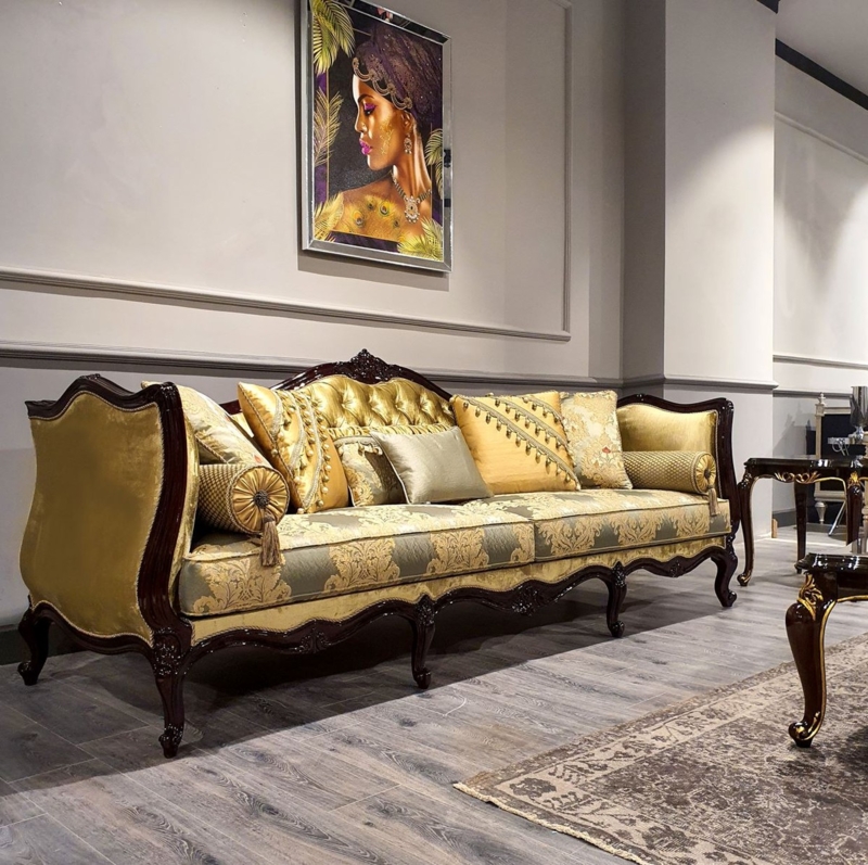 Luxurious Gold and Dark Wood Vintage Sofa