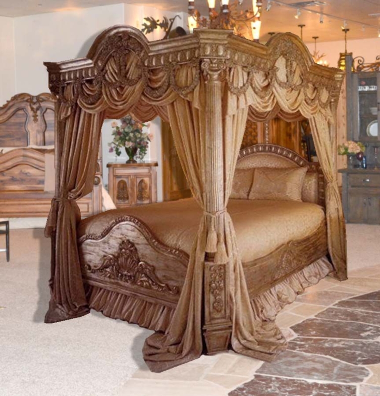Luxurious Gold Canopy Queen Bed with Draped Curtains