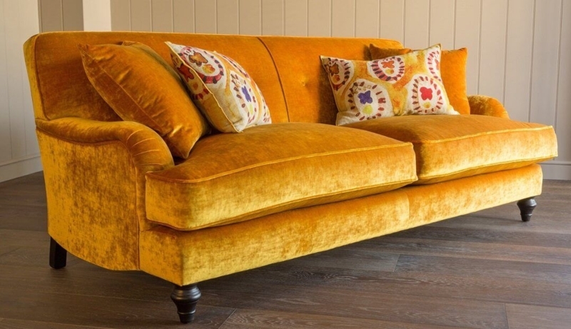 Luxurious Gold Crushed Velvet Sofa with Patterned Cushions