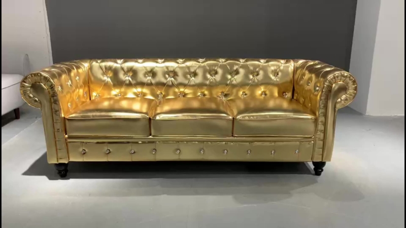 Luxurious Gold Leather Chesterfield Sofa for Modern Living Room