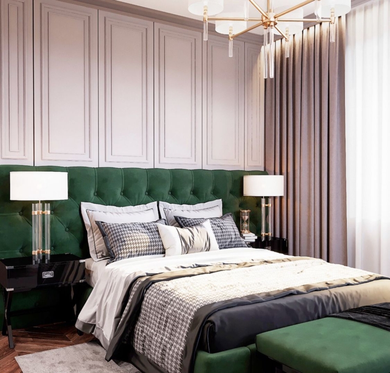 Luxurious Green Velvet Extended Headboard Bedroom