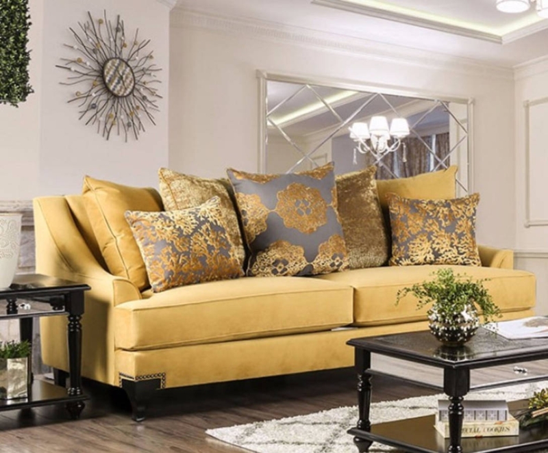 Luxurious Modern Gold Velvet Sofa with Patterned Pillows