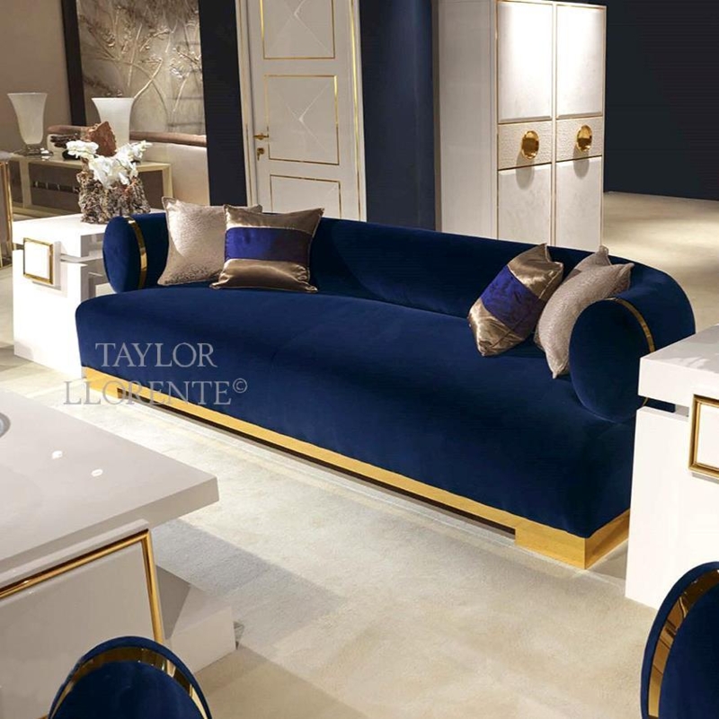Luxurious Navy Blue Sofa with Gold Accents