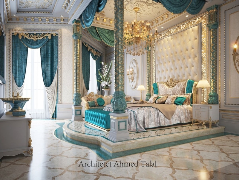 Luxurious Royal Bedroom with Elegant Turquoise Accents