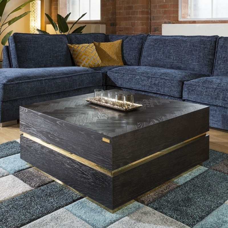 Luxury Black Oak Herringbone Gold Accent Coffee Table
