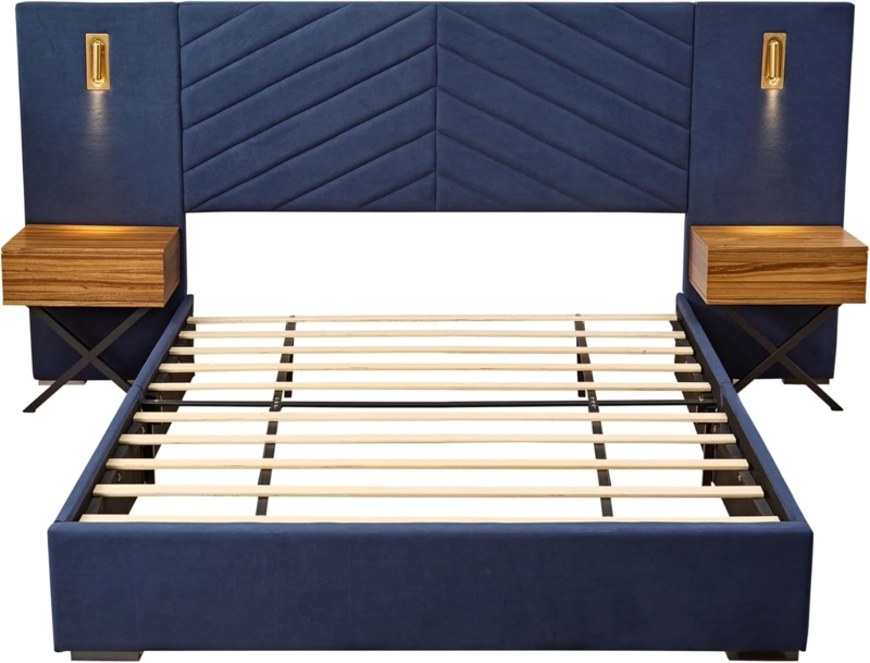 Luxury Navy Blue Bed Frame with Built-in LED Lights