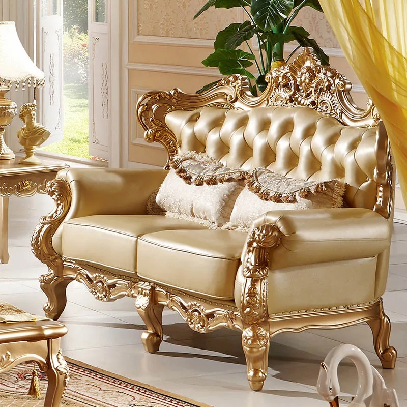 Luxury Royal Gold Carved Leather Antique Sofa