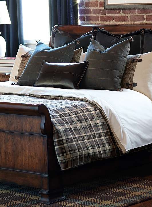 Masculine Bedroom with Dark Plaid Bedding