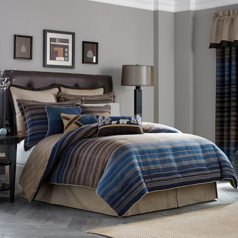 Masculine Blue and Brown Striped Comforter Set