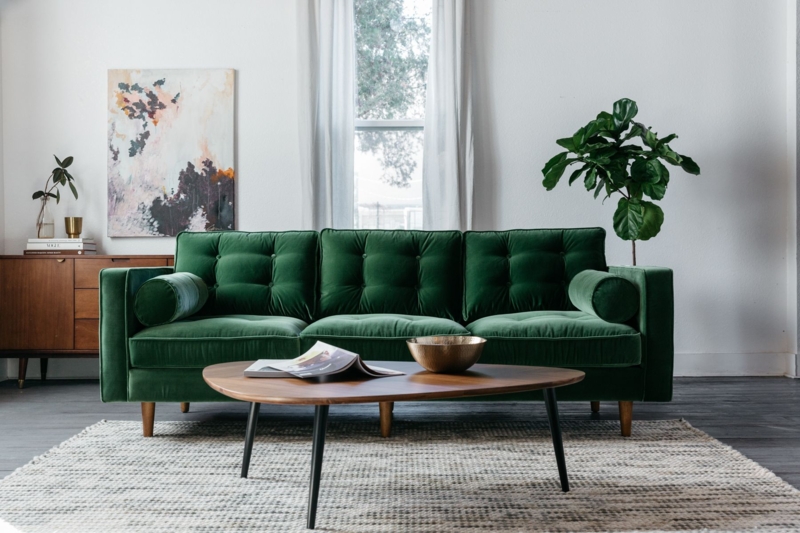 Mid-Century Green Velvet Tufted Sofa Living Room