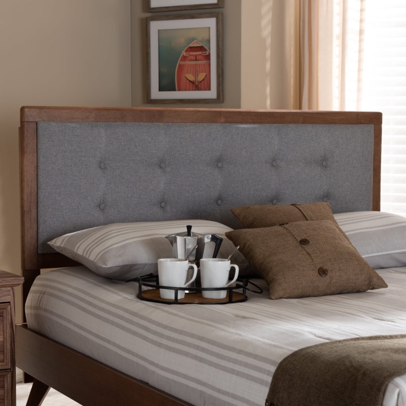 Mid-Century Modern Grey Upholstered Bed Frame