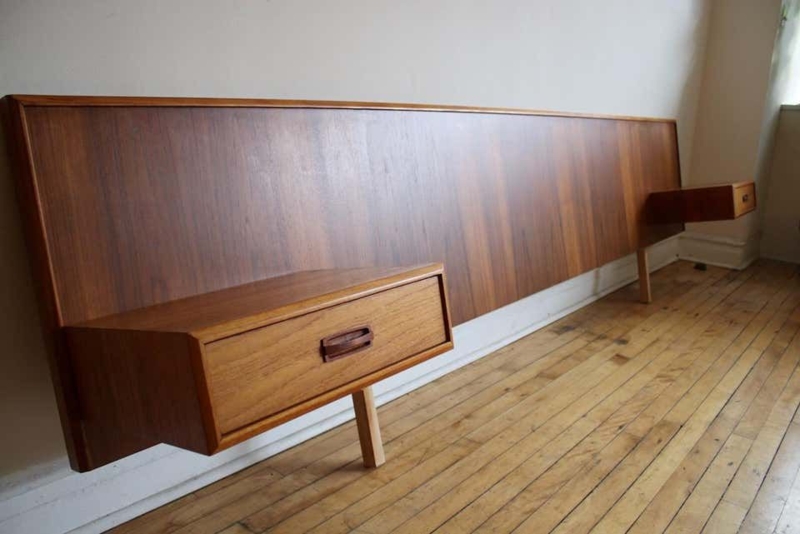 Mid-Century Modern Teak King-Size Headboard with Floating Nightstands