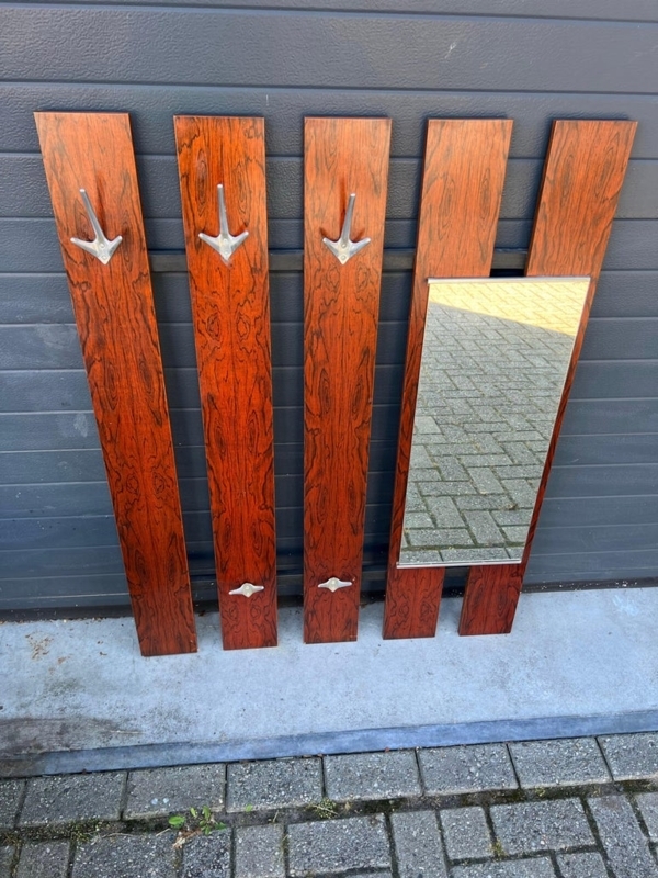 Mid-Century Modern Teak Slats Wall Coat Rack with Mirror