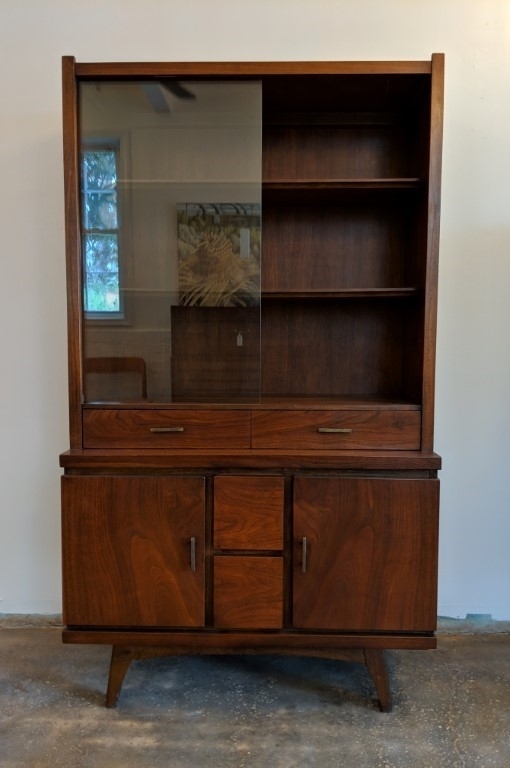 Mid Century Modern Walnut China Cabinet with Sliding Glass