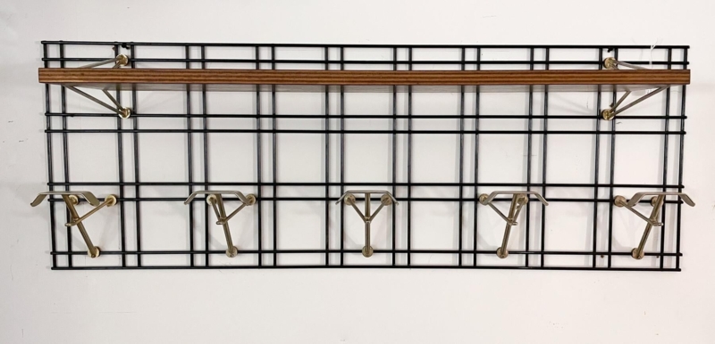 Mid-Century Modern Wire Frame Coat Rack with Brass Hooks