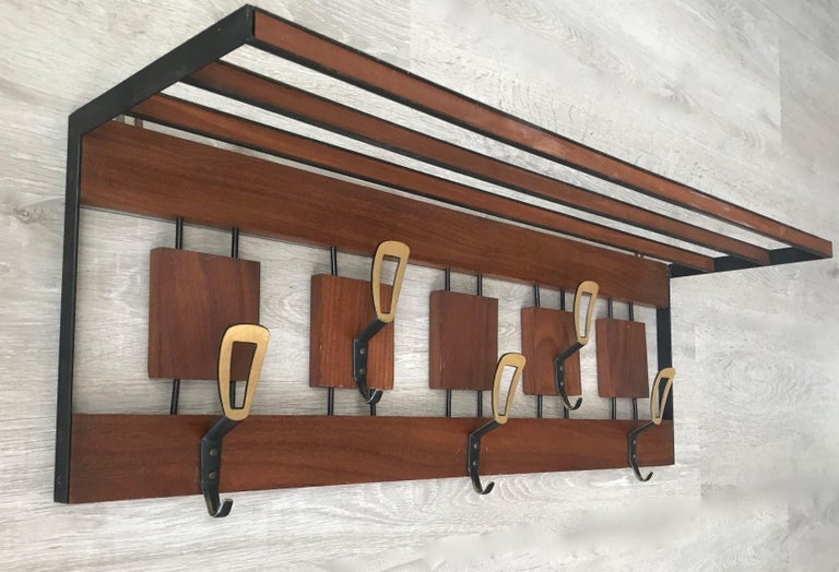 Mid-Century Modern Wood and Brass Coat Rack