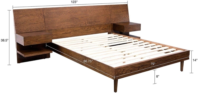 Mid-Century Modern Wood Bed Frame with Built-in Nightstands