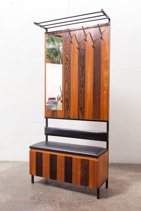 Mid-Century Modern Wooden Coat Rack with Storage Bench