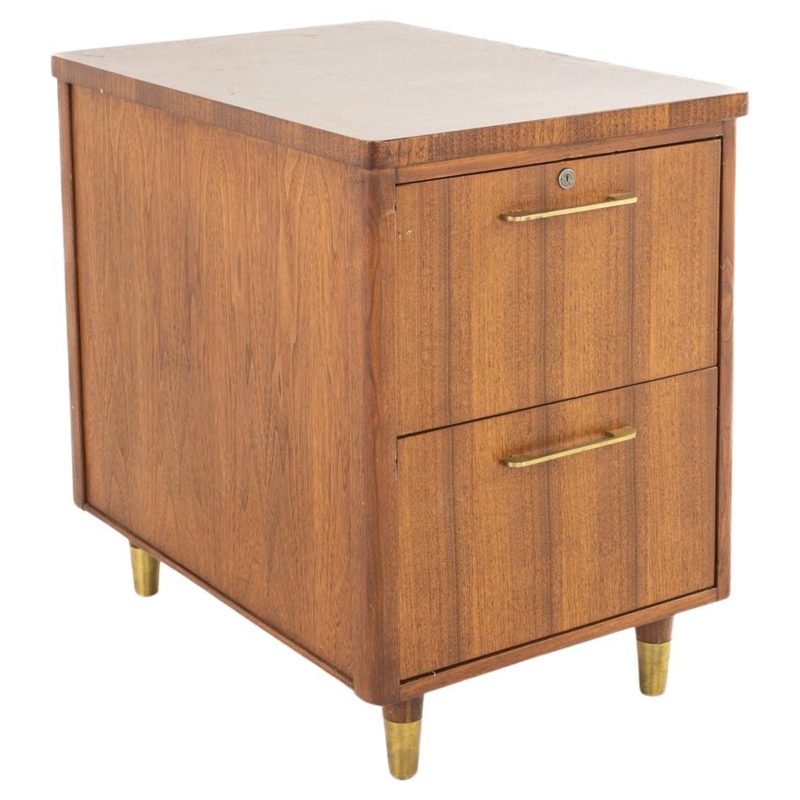 Mid Century Modern Wooden File Cabinet with Brass Details