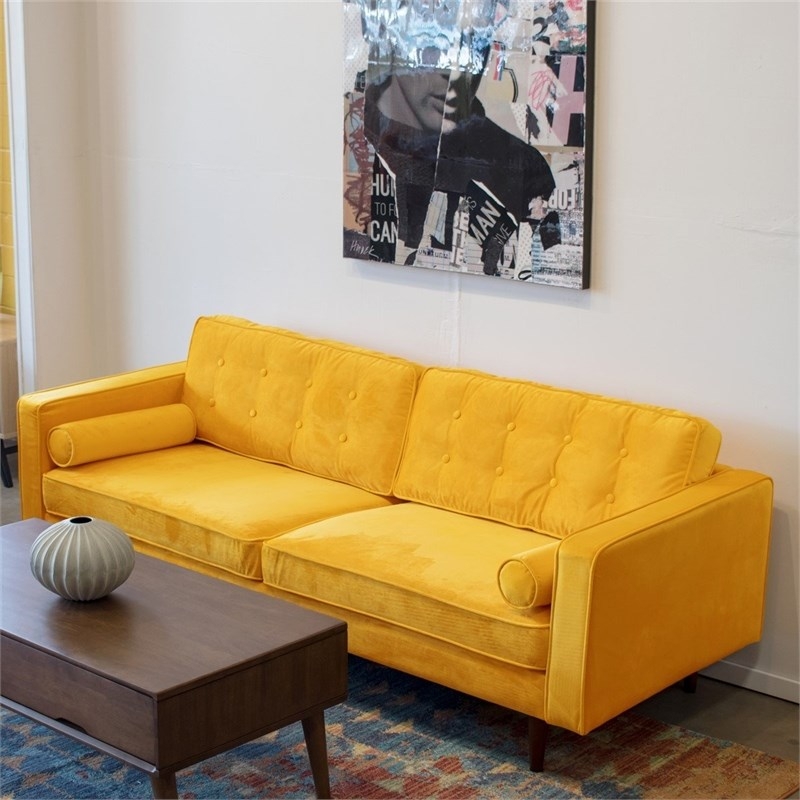 Mid-Century Modern Yellow Velvet Sofa with Wooden Coffee Table