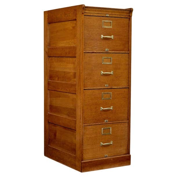 Mid Century Scandinavian Oak Filing Cabinet with Brass Handles