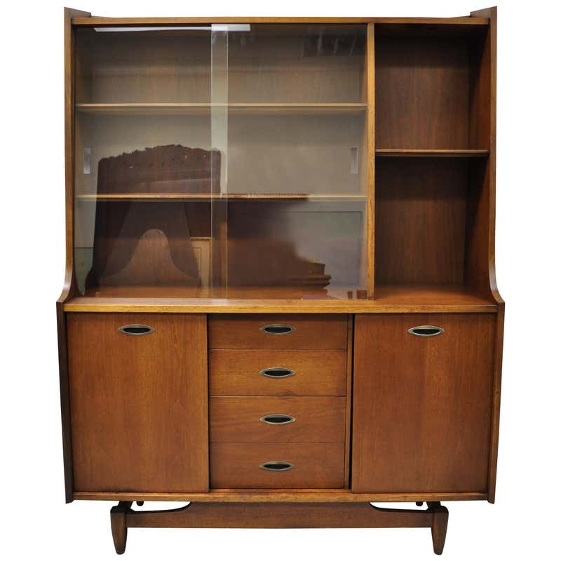 Mid Century Walnut Bassett China Cabinet Hutch