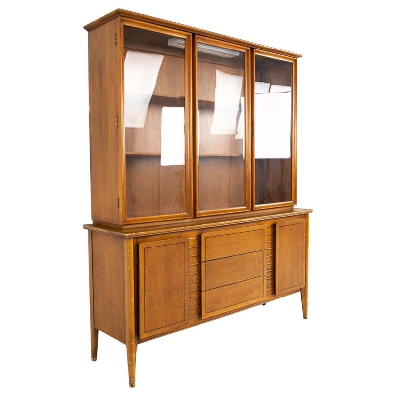 Mid Century Wooden China Cabinet with Glass Hutch