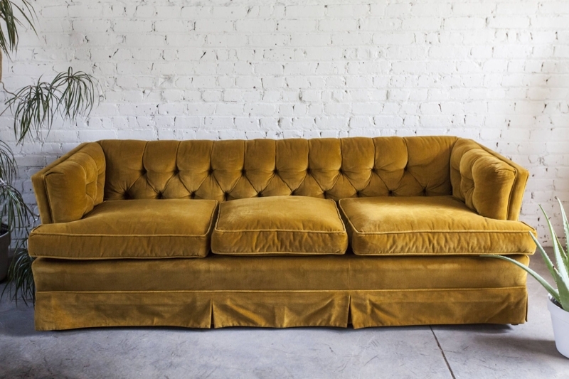 Mid-Century Yellow Gold Velvet Tufted Sofa