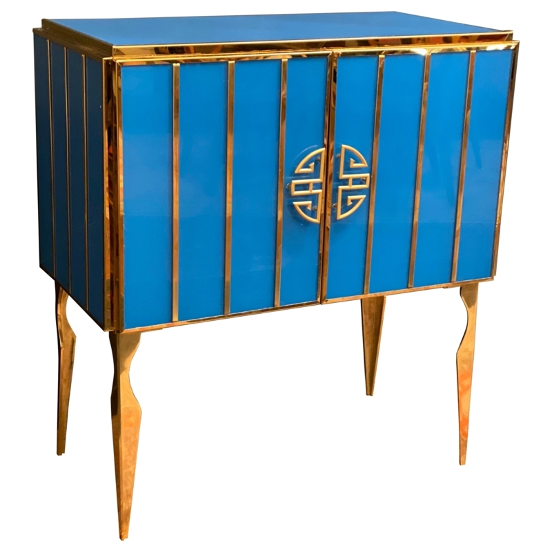 Midcentury Brass and Blue Murano Glass Bar Cabinet