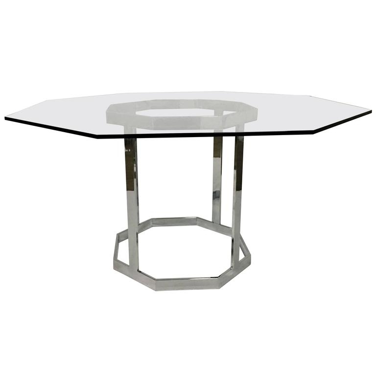 Milo Baughman Octagon Chrome Glass Dining Table