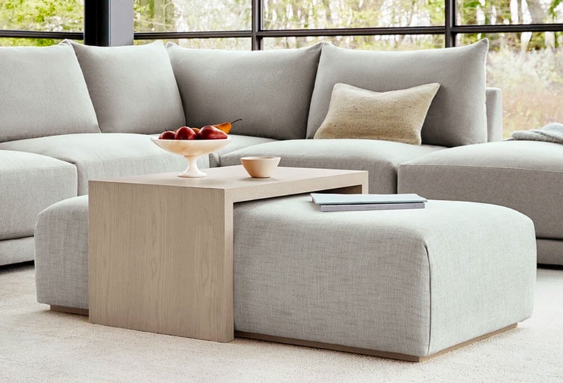 Minimalist Large Ottoman with Contemporary Wood Tray