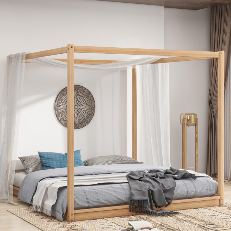 Minimalist Solid Pine Wood King Size Canopy Bed