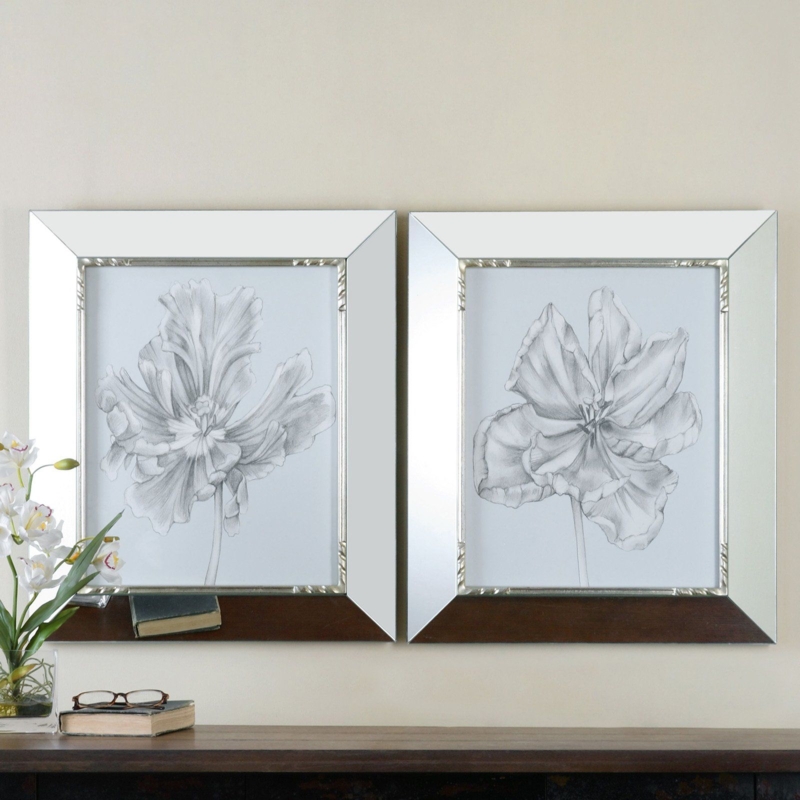 Mirrored Frame Floral Sketch Wall Art Pair